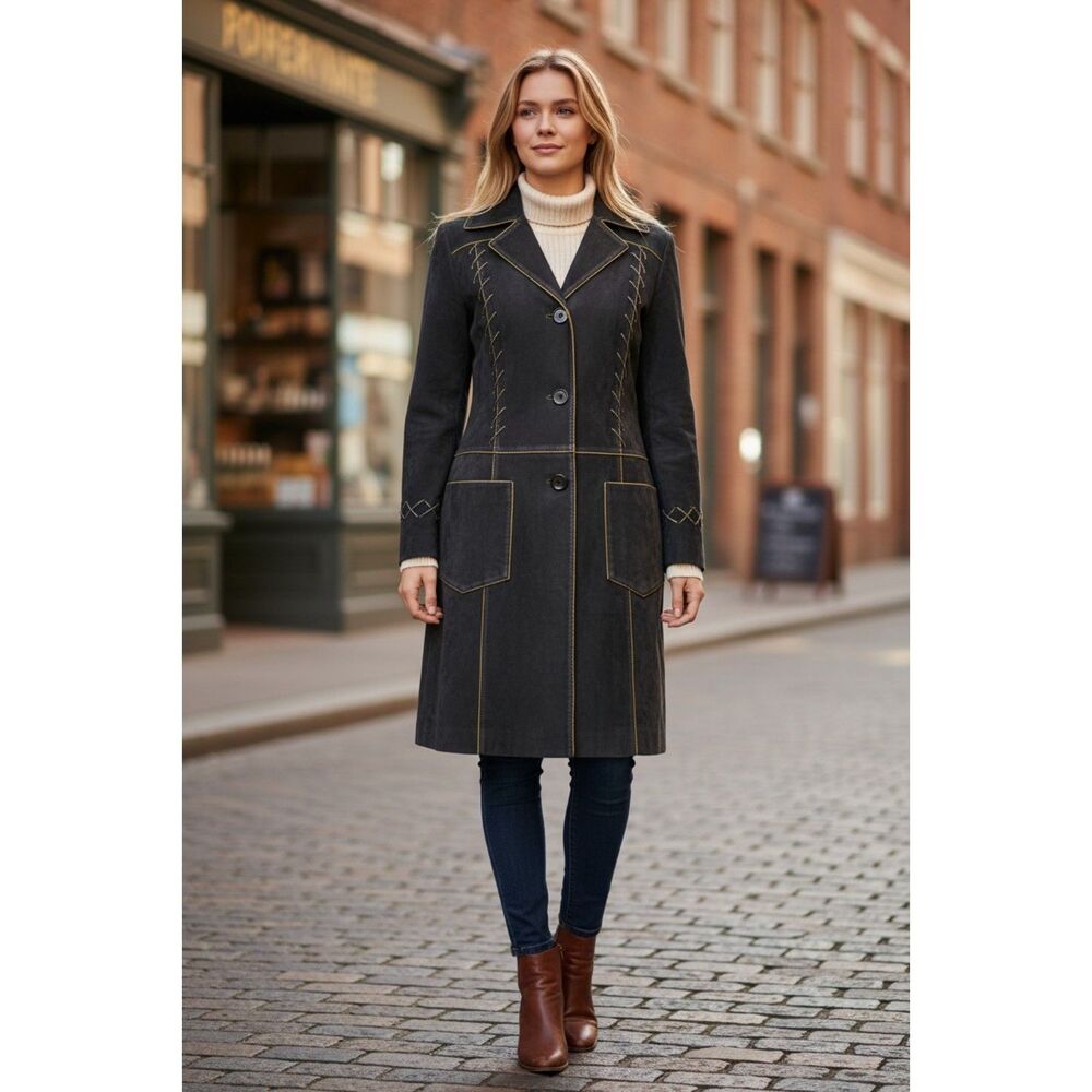 Pretty Black Embroidered Long Coat Jacket Women's Size 2